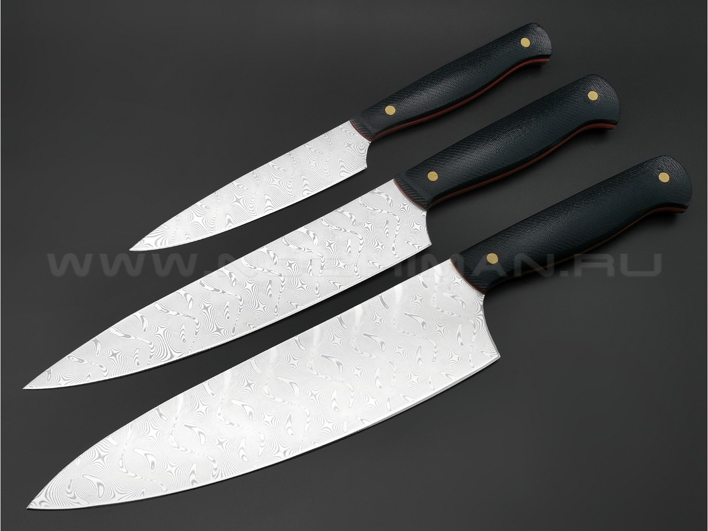Набор из 3-х кухонных ножей, сталь нержавеющий дамаск, рукоять G10 (Товарищество Завьялова)