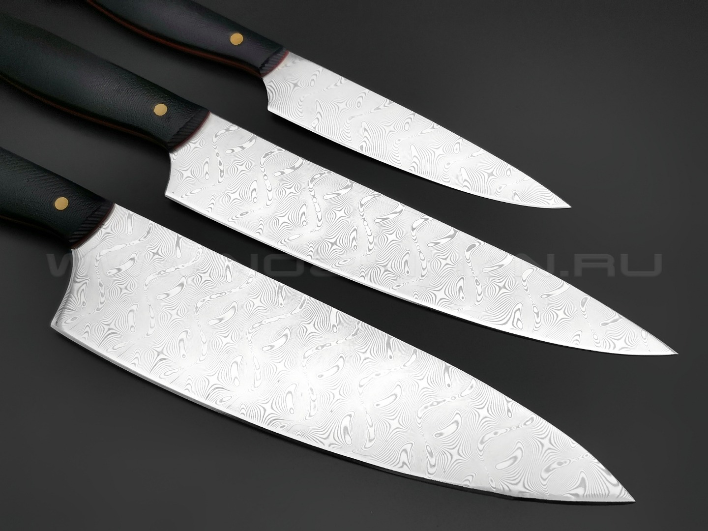 Набор из 3-х кухонных ножей, сталь нержавеющий дамаск, рукоять G10 (Товарищество Завьялова)