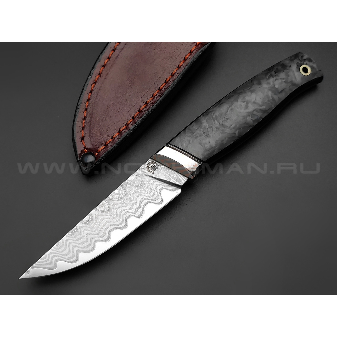 Нож "НЛВ64" ламинат M390, рукоять хаотичный карбон, мокумэ-гане (Кузница Васильева)