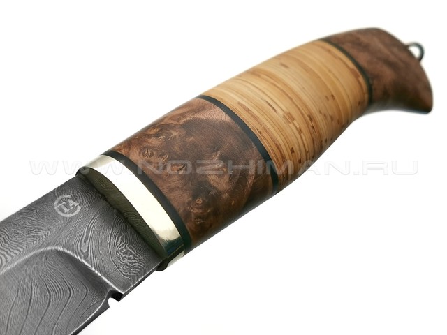 Нож "Засапожный-Т" дамасская сталь, рукоять наборная береста, карельская береза (Титов & Солдатова)