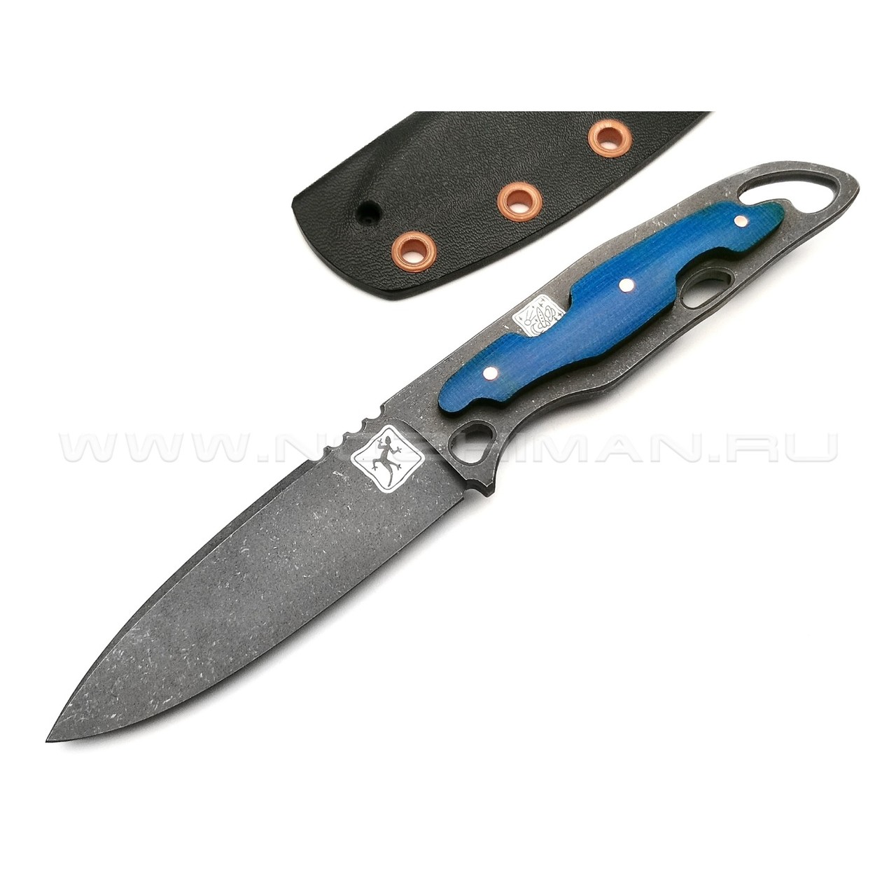1-й Цех нож "Безымянный-2" сталь 440C травление, рукоять микарта blue