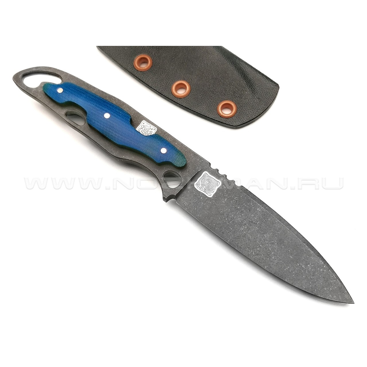 1-й Цех нож "Безымянный-2" сталь 440C травление, рукоять микарта blue