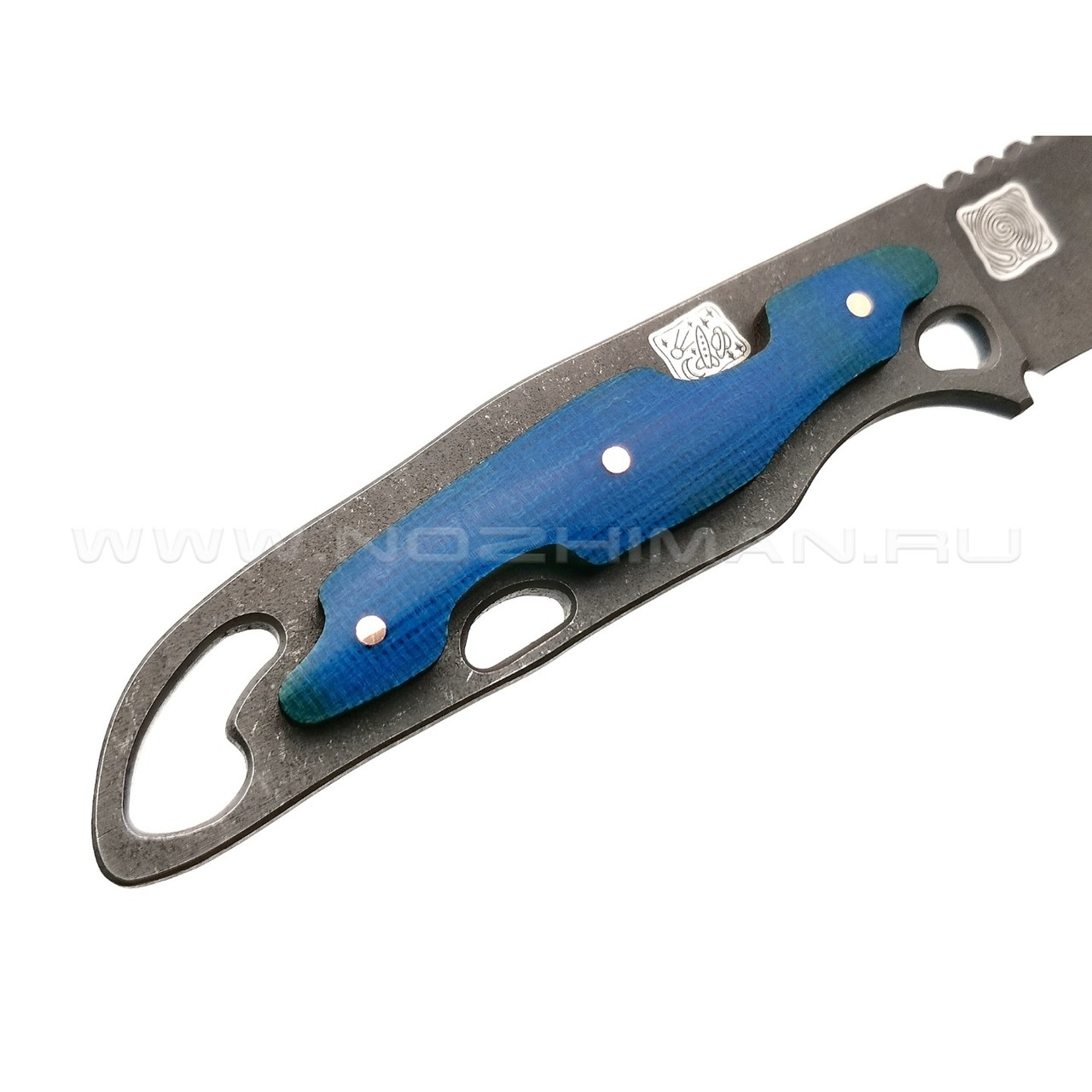 1-й Цех нож "Безымянный-2" сталь 440C травление, рукоять микарта blue