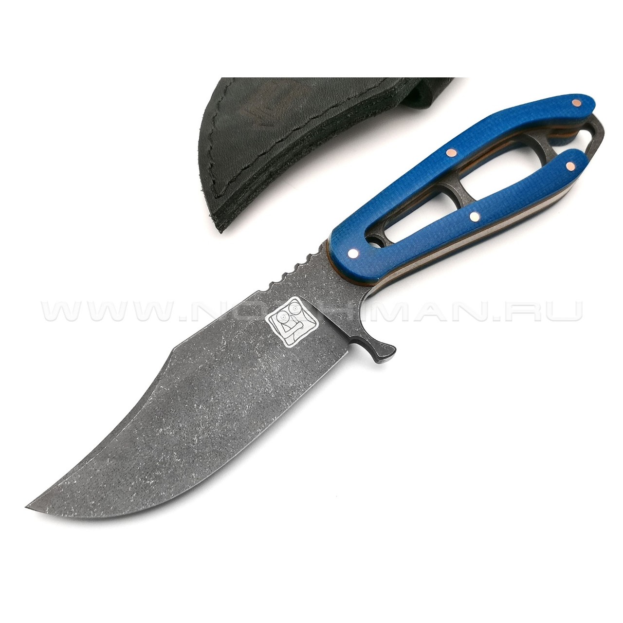 1-й Цех нож "Сиськи" сталь 440C травление, рукоять микарта blue