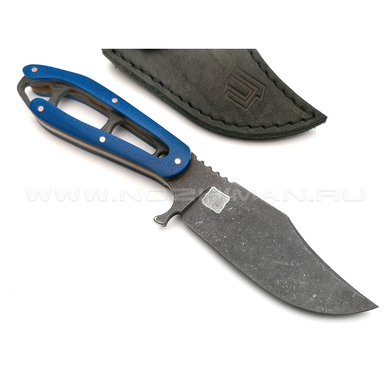 1-й Цех нож "Сиськи" сталь 440C травление, рукоять микарта blue