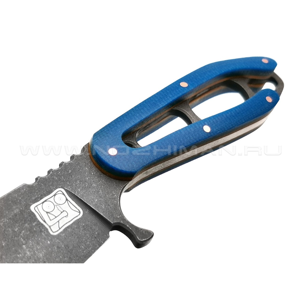 1-й Цех нож "Сиськи" сталь 440C травление, рукоять микарта blue