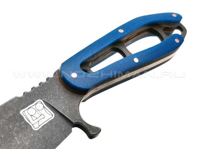 1-й Цех нож "Сиськи" сталь 440C травление, рукоять микарта blue
