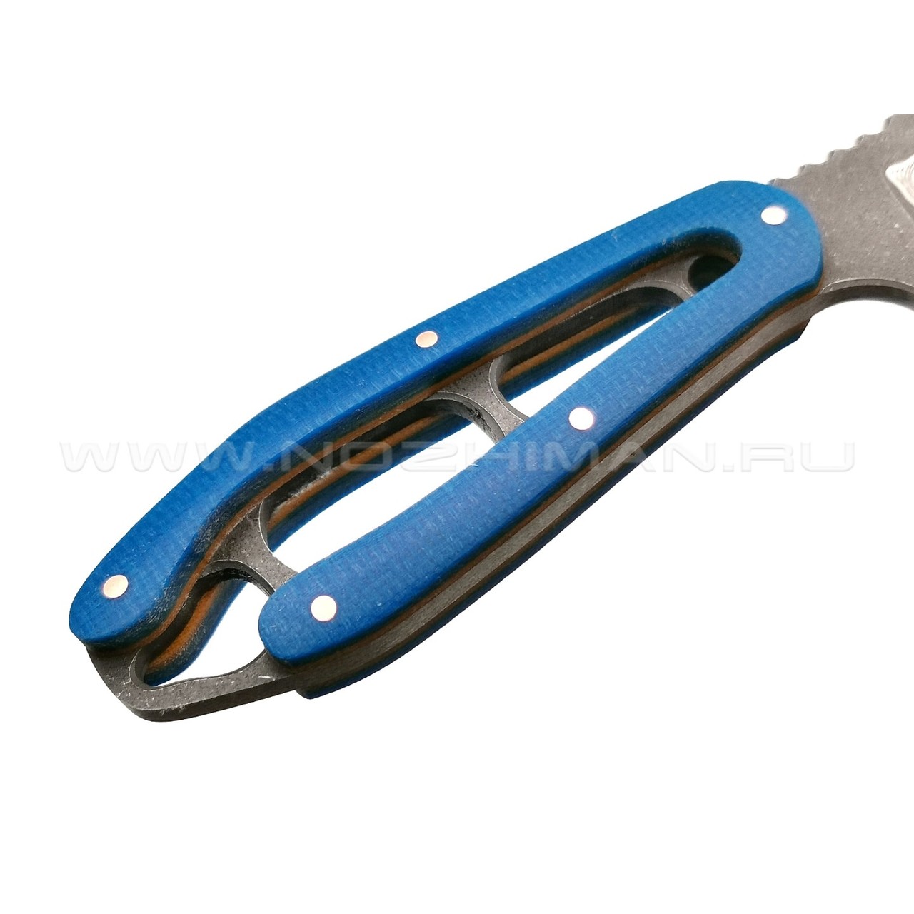 1-й Цех нож "Сиськи" сталь 440C травление, рукоять микарта blue