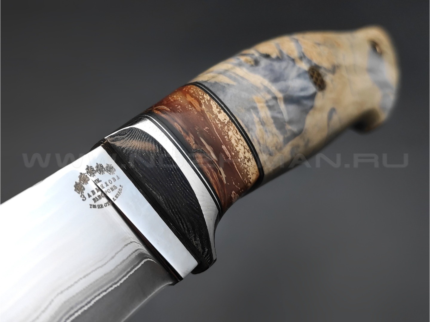 Нож "Скинер-Б" ламинированная сталь, рукоять кап клёна, мокуме, зуб мамонта (Тов. Завьялова)