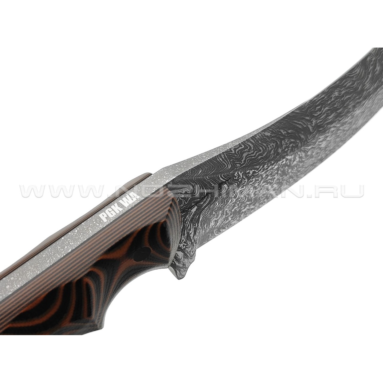 Волчий Век нож Кондрат 12 сталь PGK WA дамаскаж, рукоять G10 black & orange