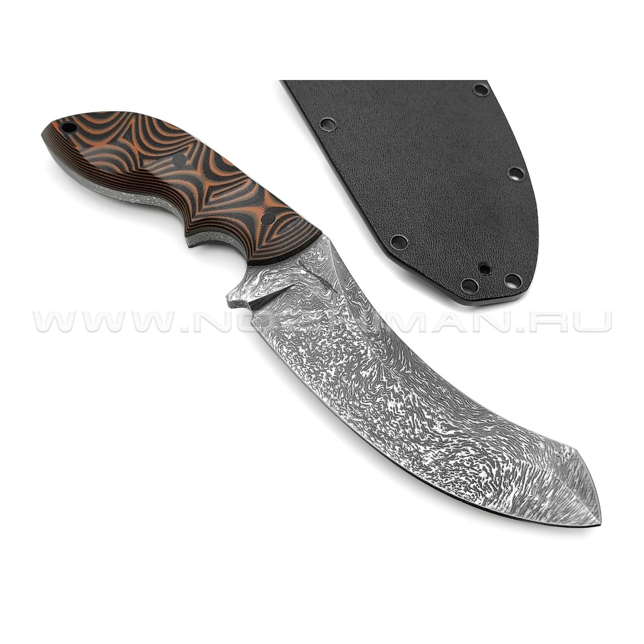 Волчий Век нож Кондрат 12 сталь PGK WA дамаскаж, рукоять G10 black & orange