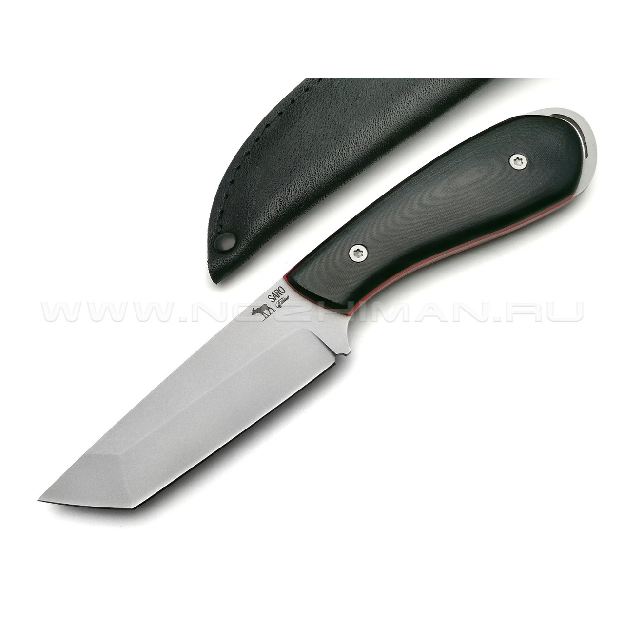 Saro нож Лис танто, сталь K110, рукоять G10 black, ножны кожа