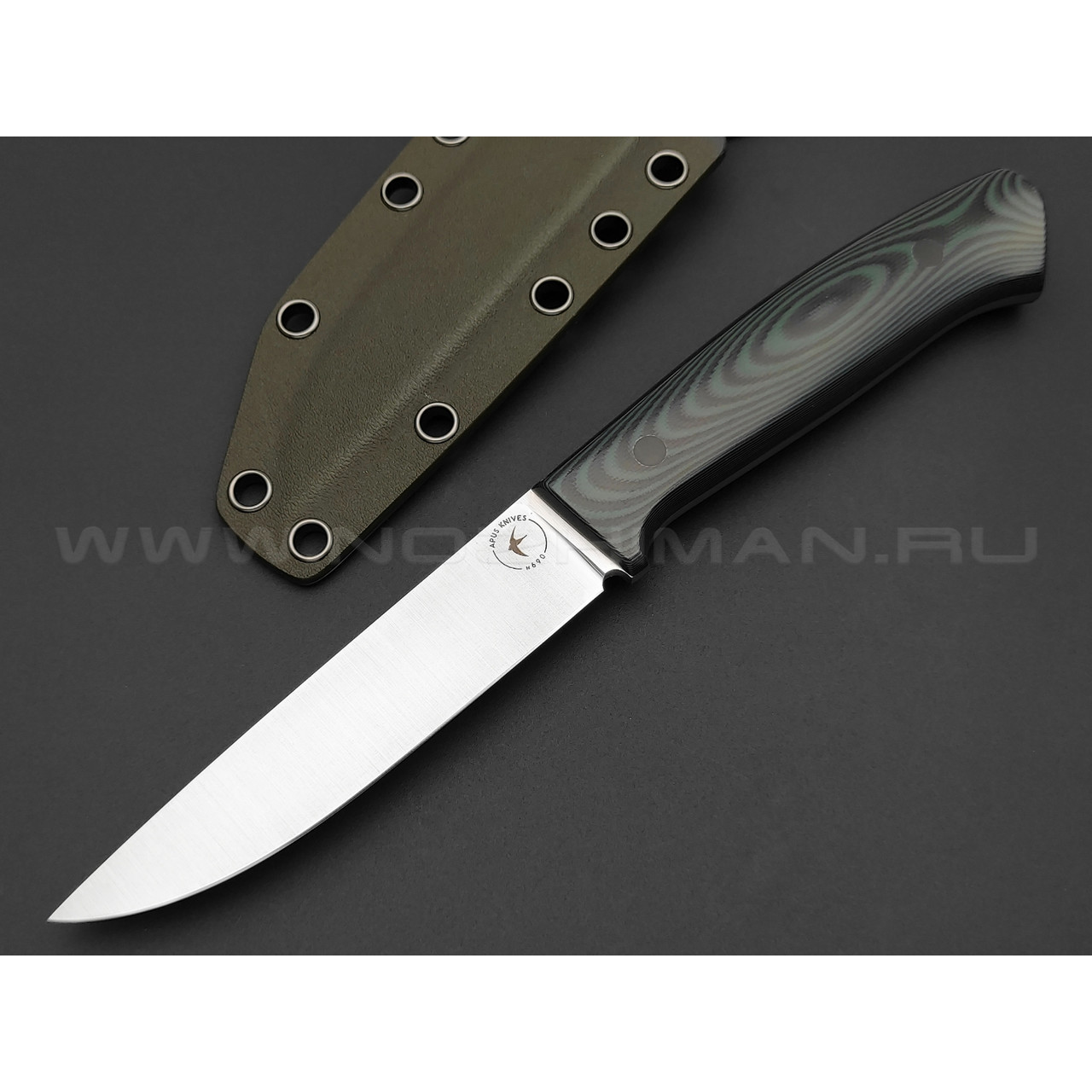 Апус нож Fishman сталь N690, рукоять G10 black & green, ножны kydex khaki