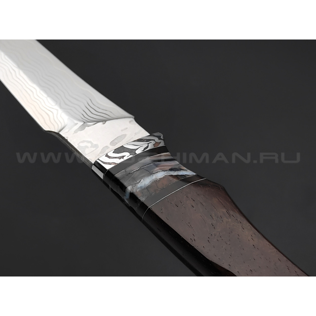 Нож "НЛВ73" ламинат M390, рукоять дерево палисандр, зуб мамонта, мокумэ-ганэ (Кузница Васильева)