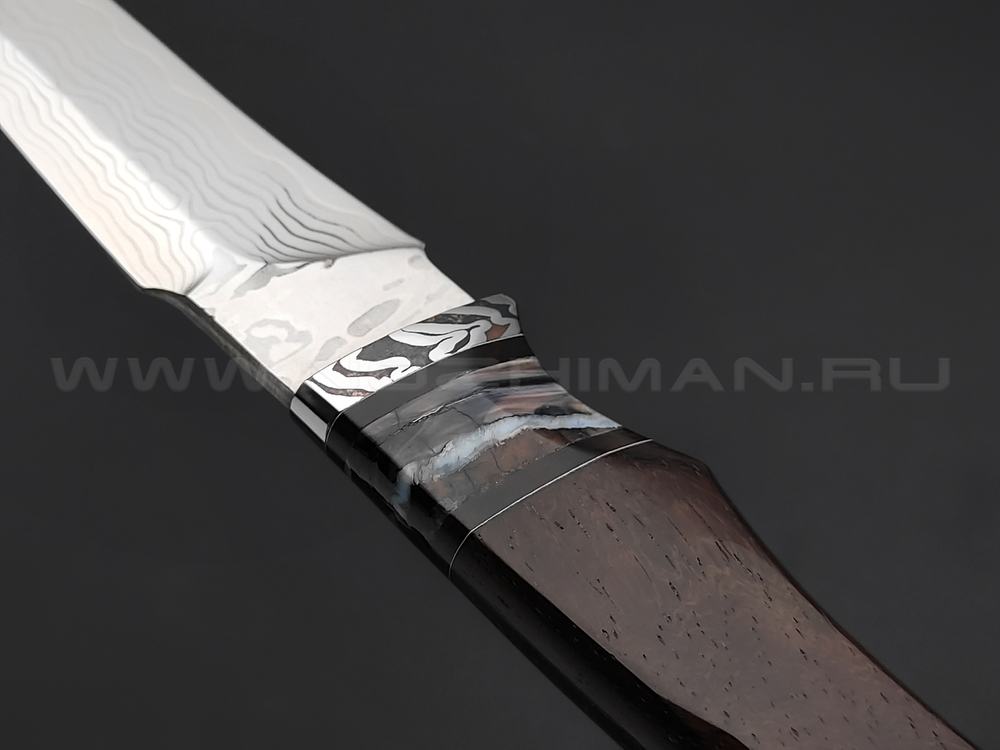 Нож "НЛВ73" ламинат M390, рукоять дерево палисандр, зуб мамонта, мокумэ-ганэ (Кузница Васильева)