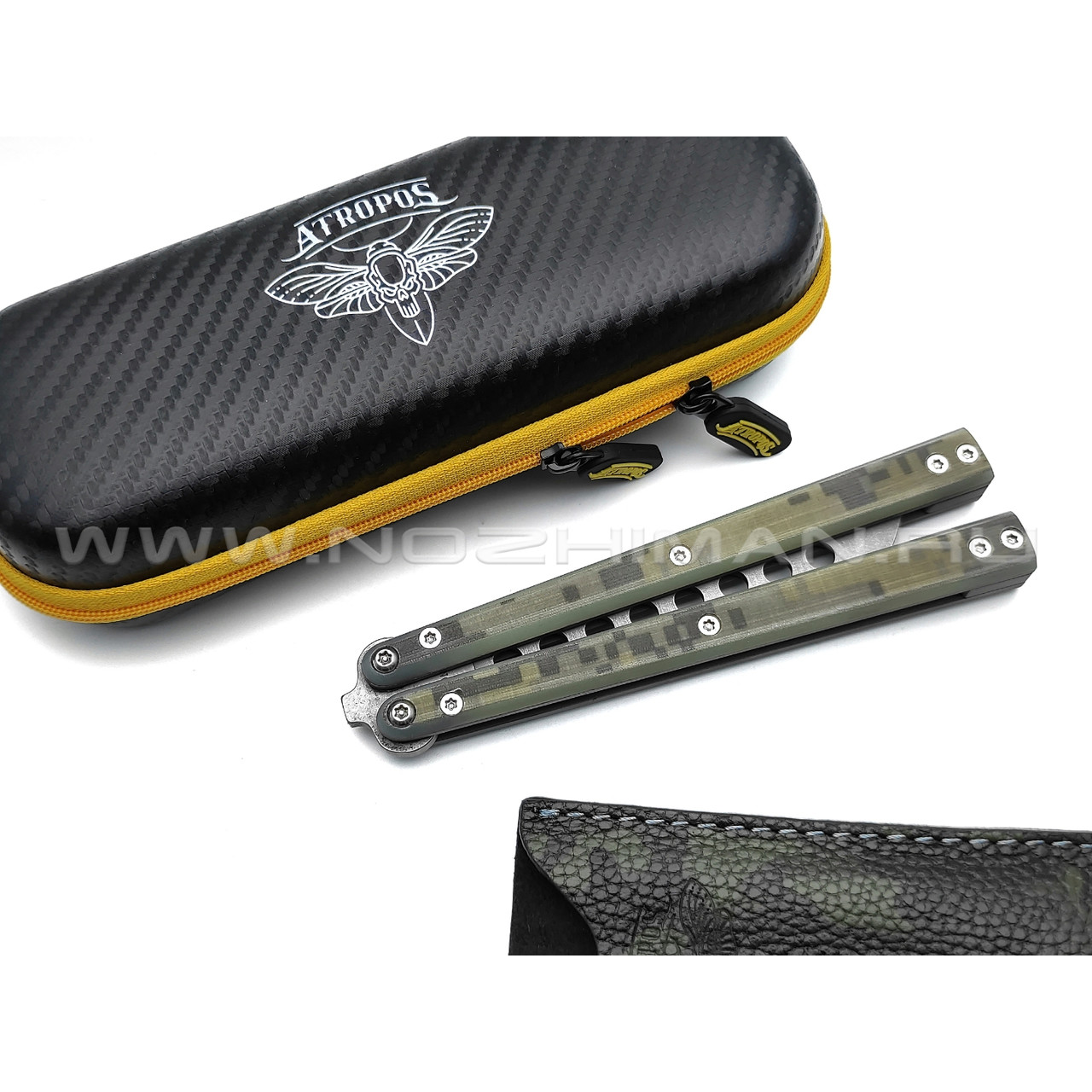 Atroposknife тренировочный балисонг Demon сталь N690, рукоять G10 camo, титан
