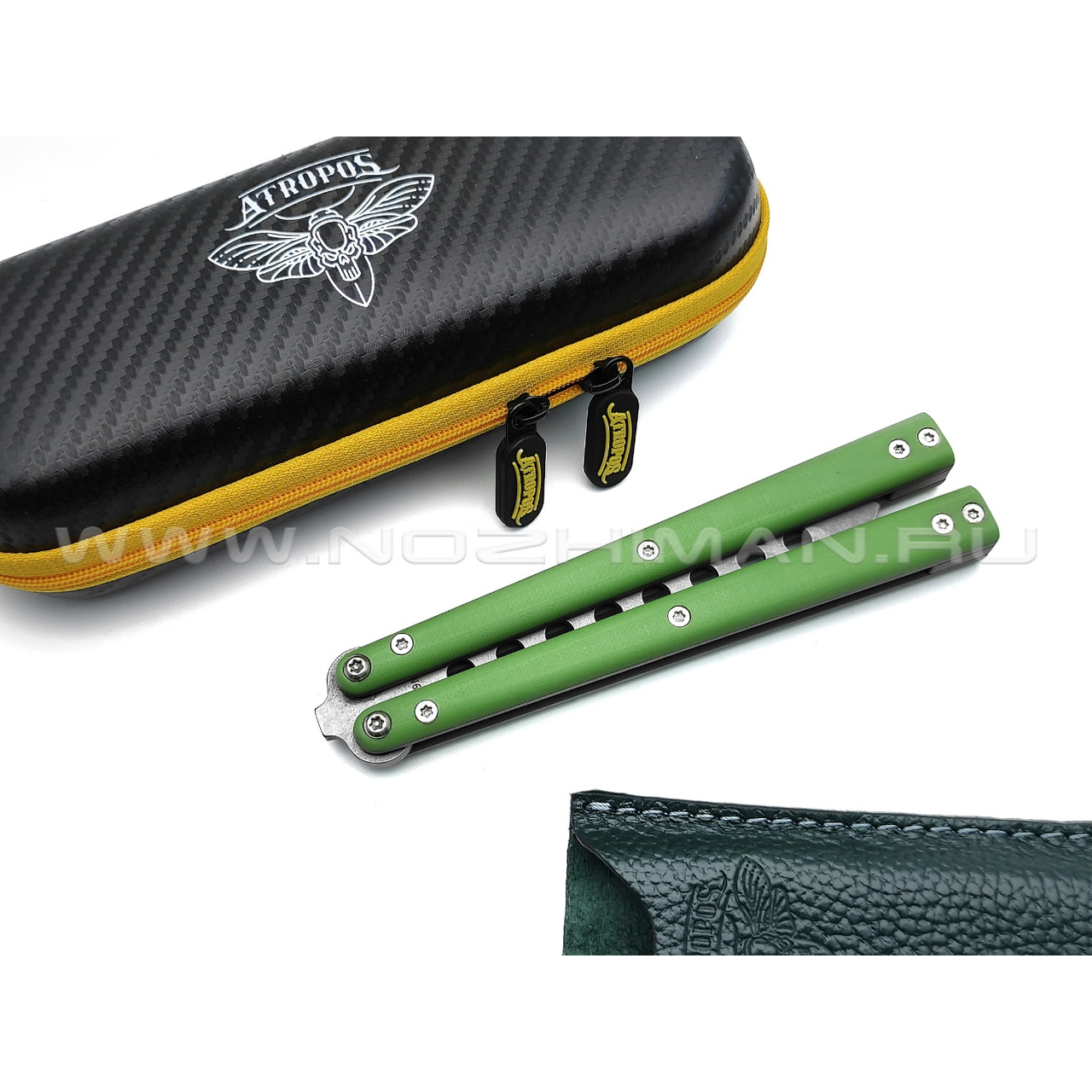 Atroposknife тренировочный балисонг Kirat сталь N690, рукоять G10 green, титан