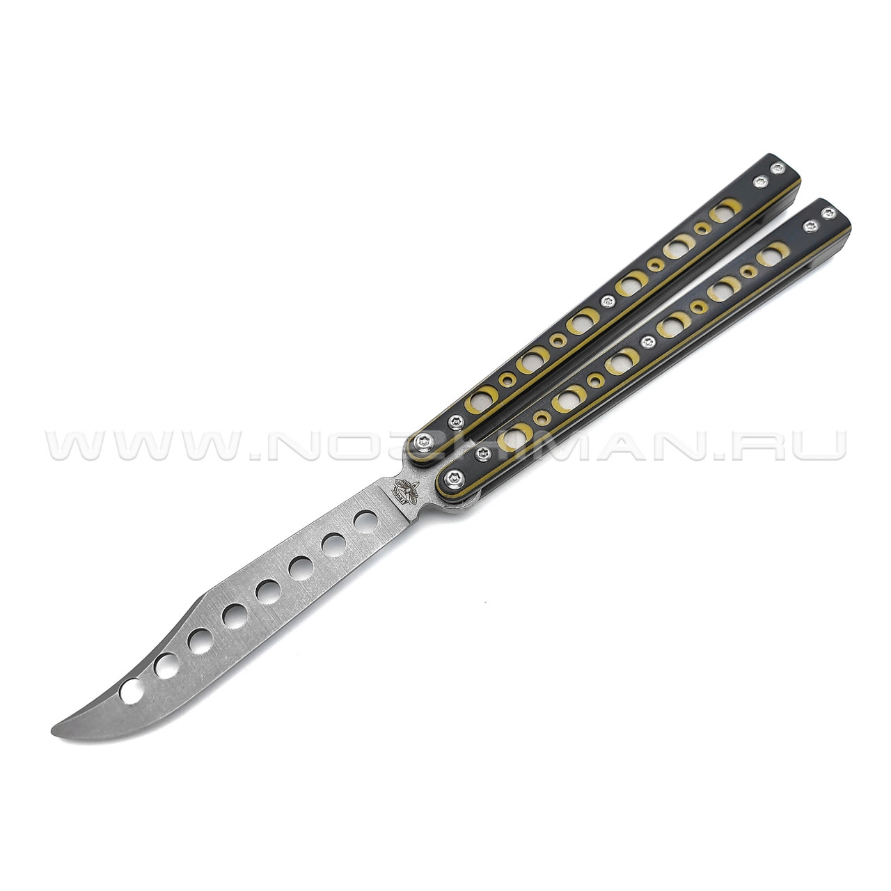 Atroposknife тренировочный балисонг Kratos сталь N690, рукоять G10 black & yellow, титан