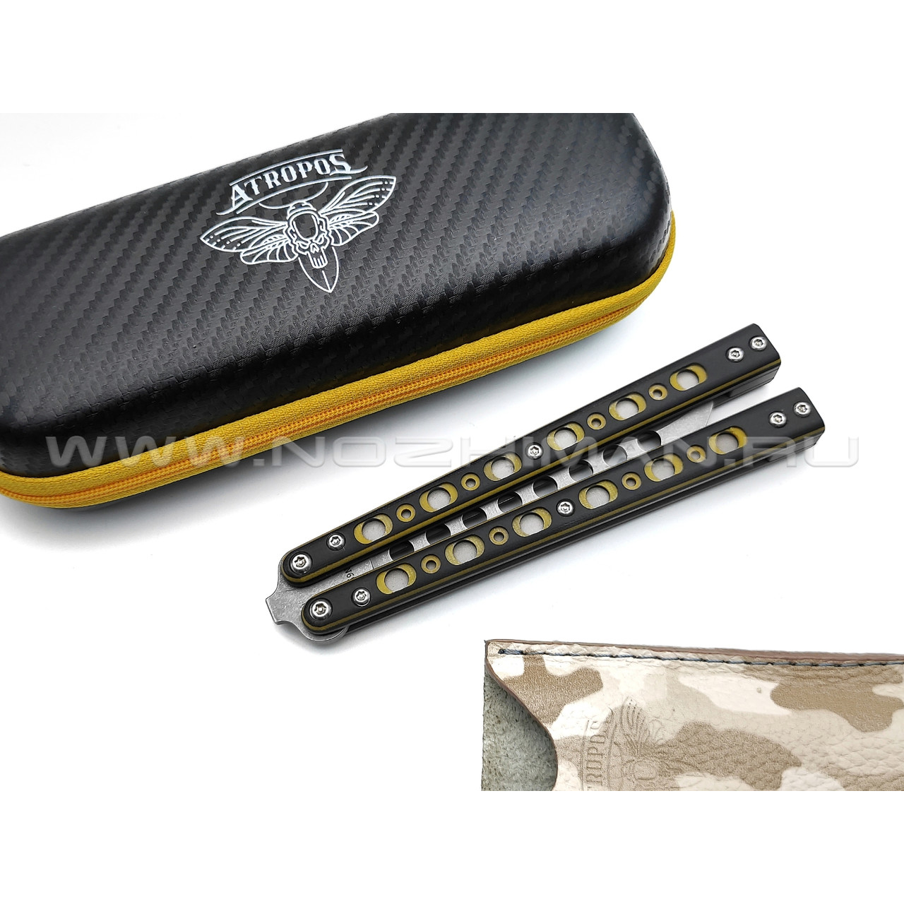 Atroposknife тренировочный балисонг Kratos сталь N690, рукоять G10 black & yellow, титан