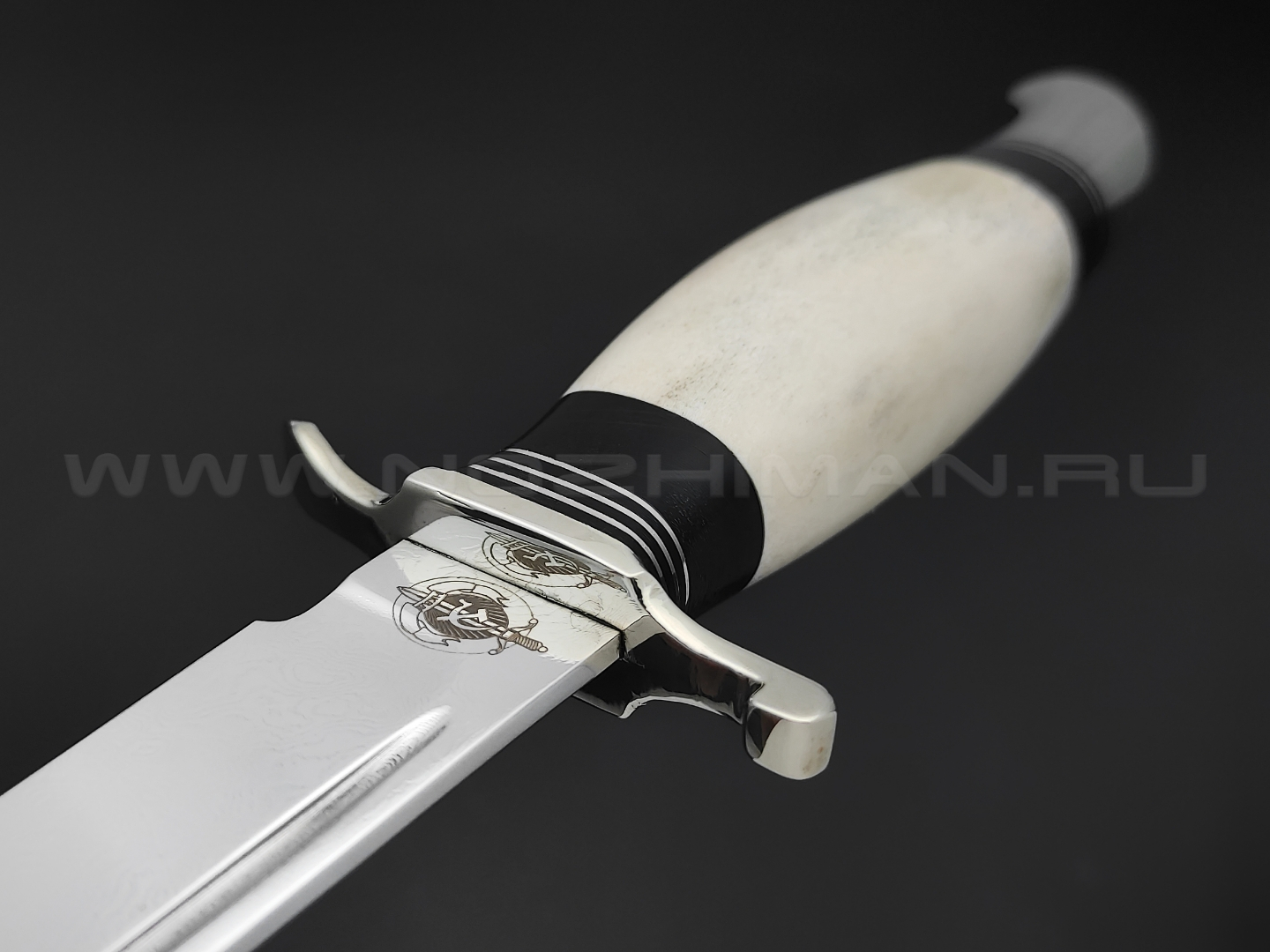 Нож "Финка НКВД" нержавеющая дамасская сталь, рукоять рог лося, мельхиор (Товарищество Завьялова)