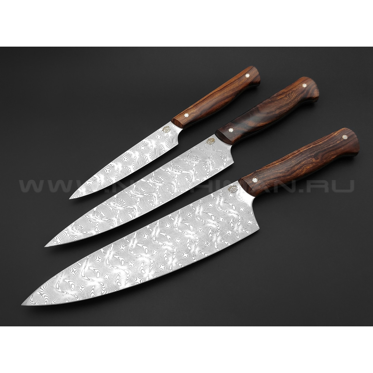 Набор из 3 кухонных ножей, нержавеющая дамасская сталь, рукоять Ironwood (Товарищество Завьялова)