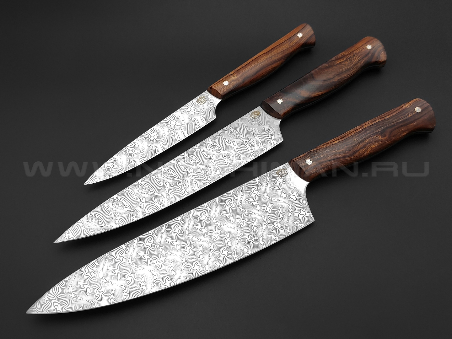 Набор из 3 кухонных ножей, нержавеющая дамасская сталь, рукоять Ironwood (Товарищество Завьялова)
