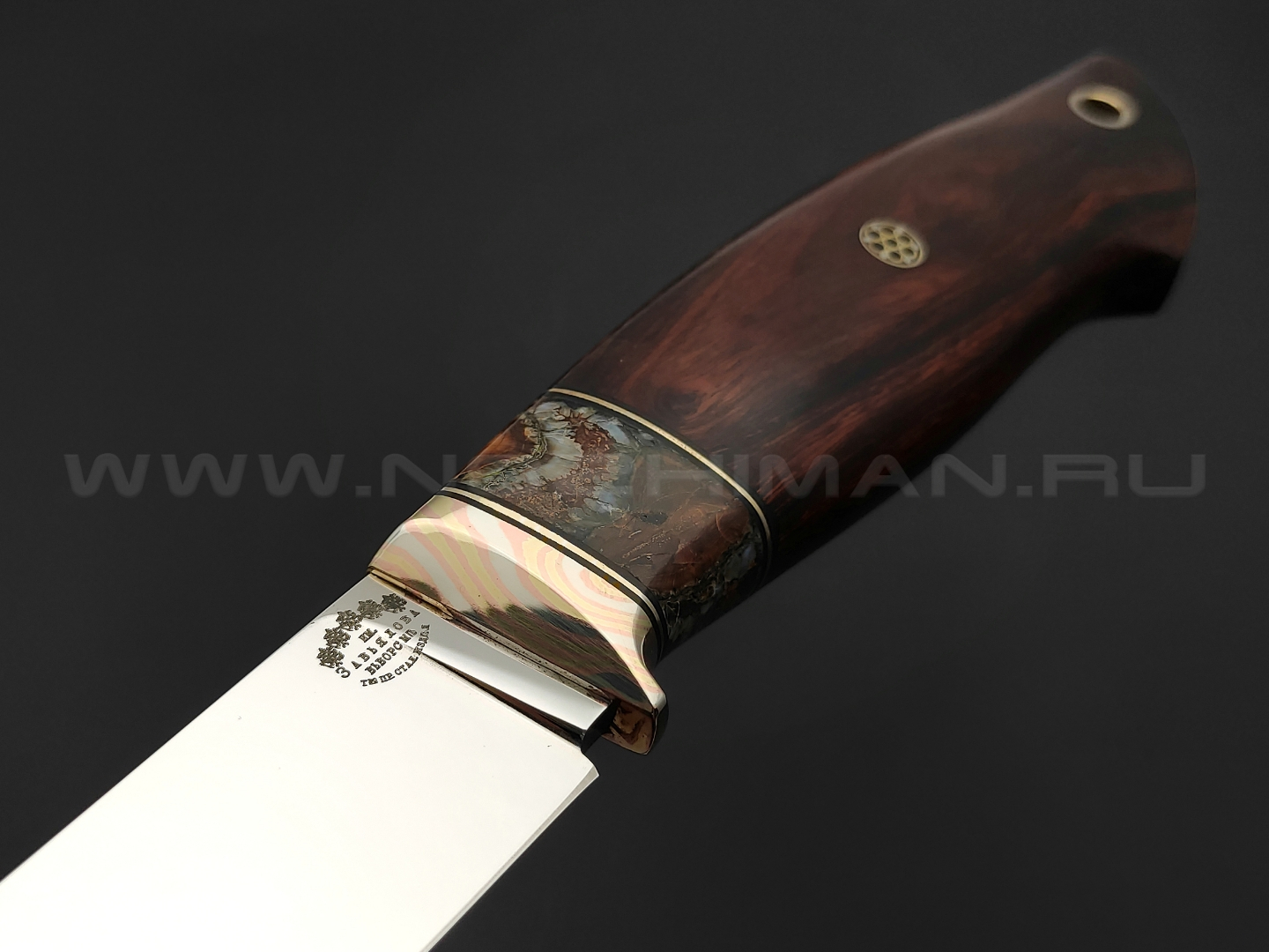 Нож Ладья-2 сталь M390, рукоять дерево айронвуд, зуб мамонта (Товарищество Завьялова)
