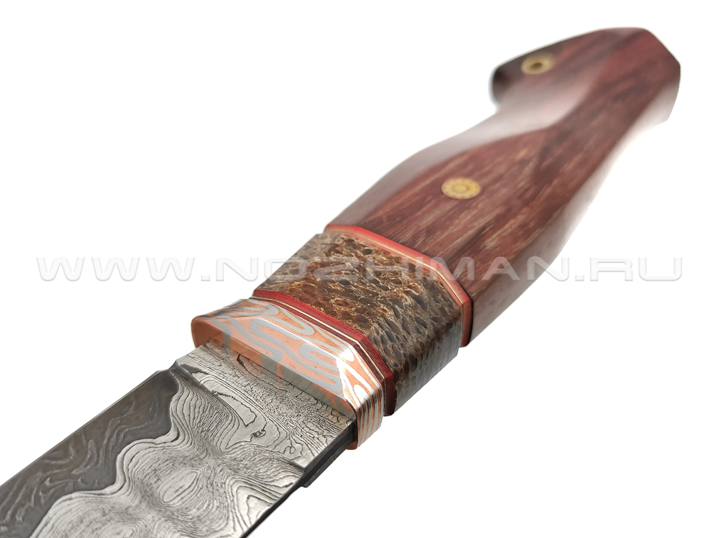 Кузница Васильева нож "НЛВ109" дамасская сталь, рукоять бубинга, позвонок кита, мокумэ-ганэ