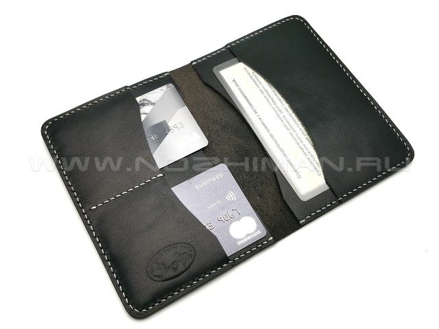 Обложка для паспорта, 2 карты, 1 карман, натуральная кожа NK0010 черная, белая строчка