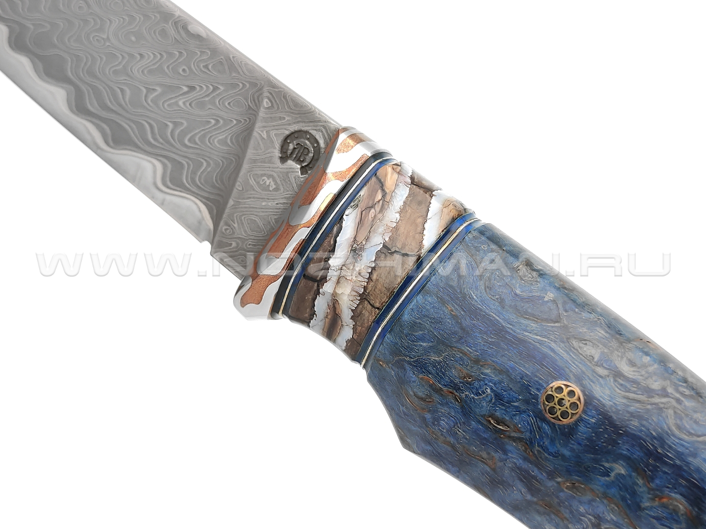 Нож "НЛВ88" ламинат M390, рукоять карельская береза, зуб мамонта, мокумэ-ганэ (Кузница Васильева)