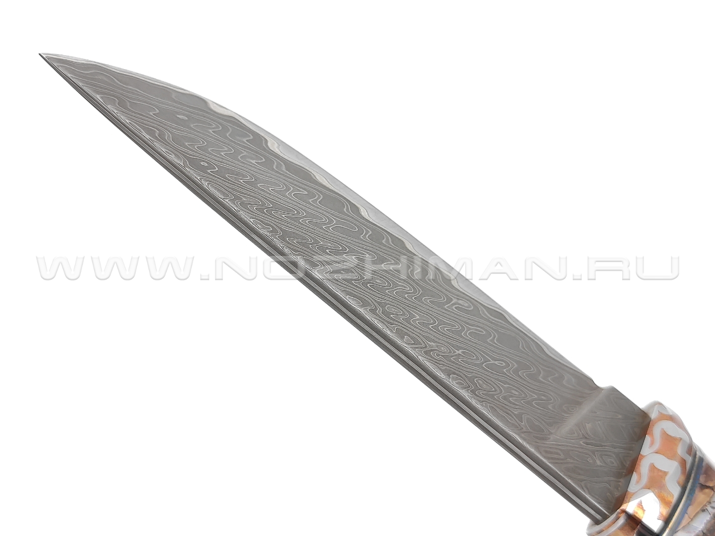Нож "НЛВ88" ламинат M390, рукоять карельская береза, зуб мамонта, мокумэ-ганэ (Кузница Васильева)
