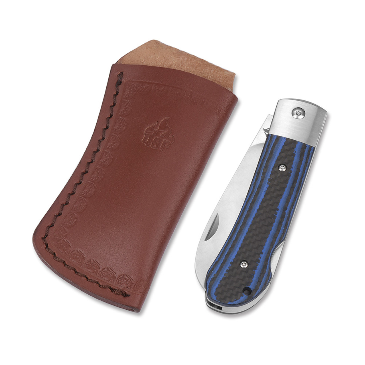 Нож QSP Worker QS128-D сталь N690, рукоять синяя G10, карбон, кожаный чехол