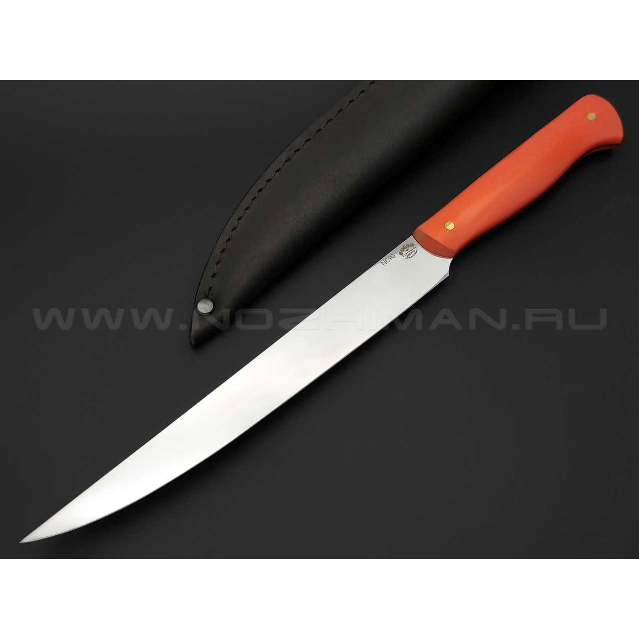 Товарищество Завьялова большой филейный нож №1 сталь N690, рукоять G10 оранжевый, латунь
