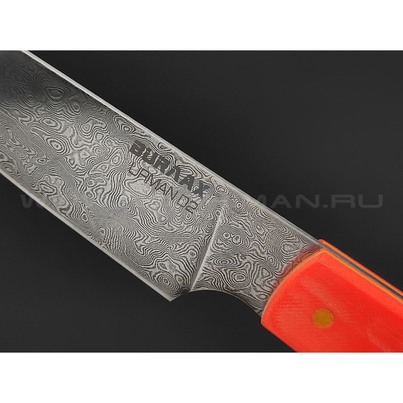 Нож Burlax универсал BX0122 дамасская сталь Urman D2, рукоять оранжевая микарта