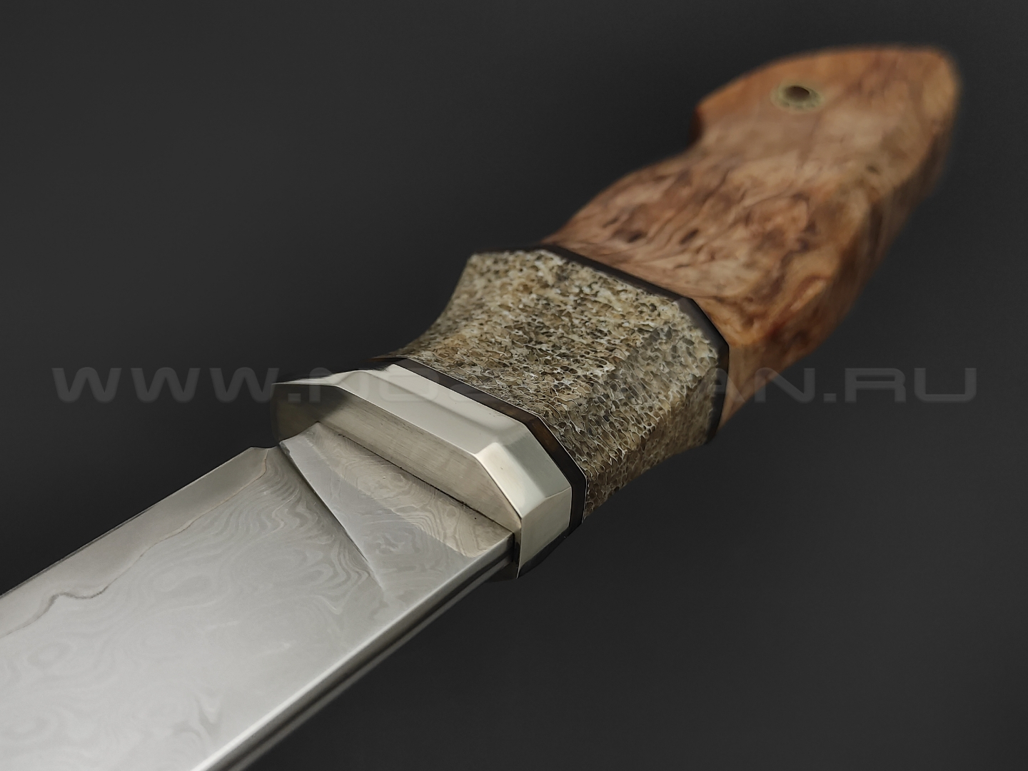 Кузница Васильева нож "НЛВ113" ламинат M390, рукоять карелка, нейзильбер, позвонок кита