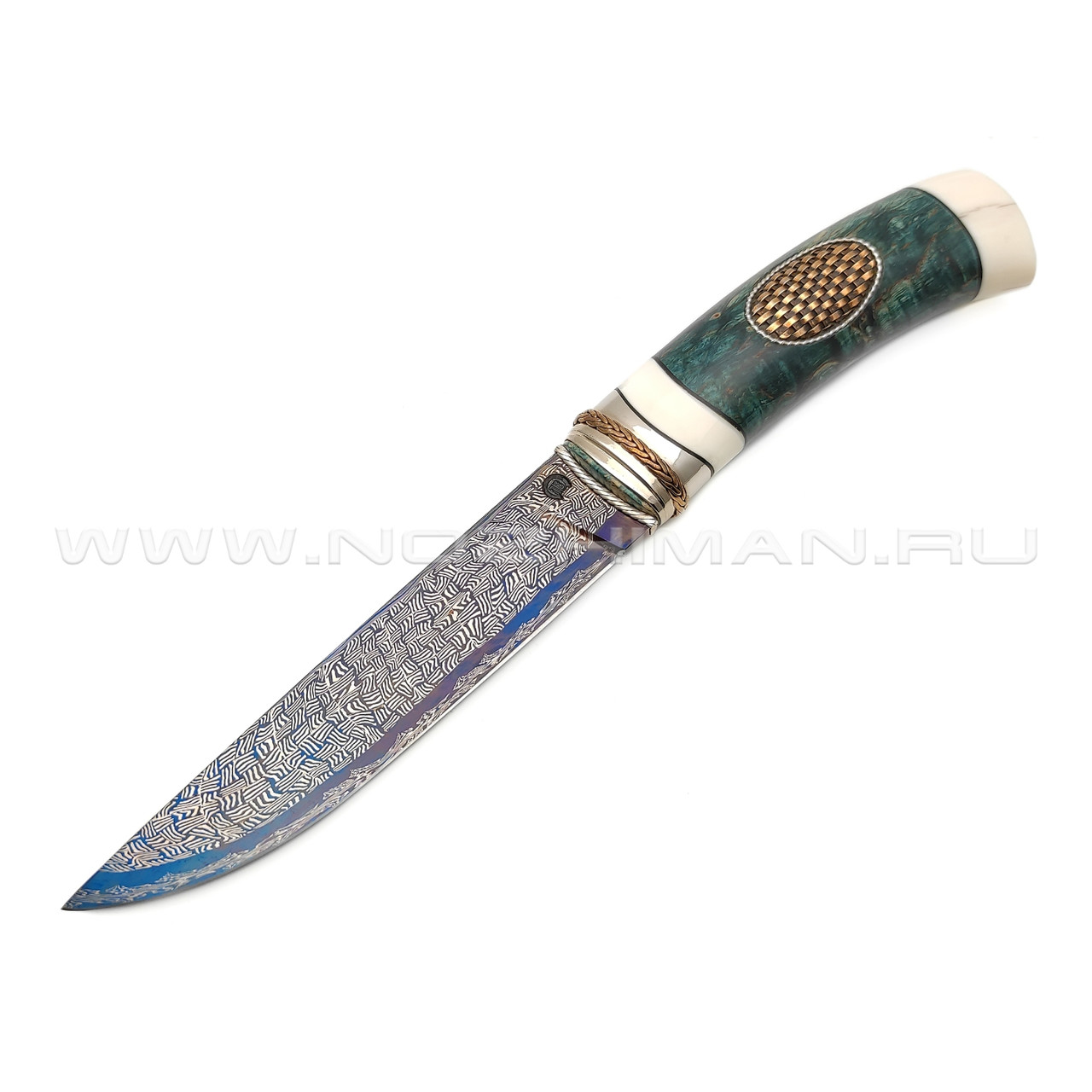 Нож "SHAD08" мозаичный дамаск, рукоять стаб. берёза, серебро, бронза, жадеит, бивень моржа (Сергей Шадрин)
