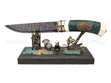 Нож "SHAD08" мозаичный дамаск, рукоять стаб. берёза, серебро, бронза, жадеит, бивень моржа (Сергей Шадрин)