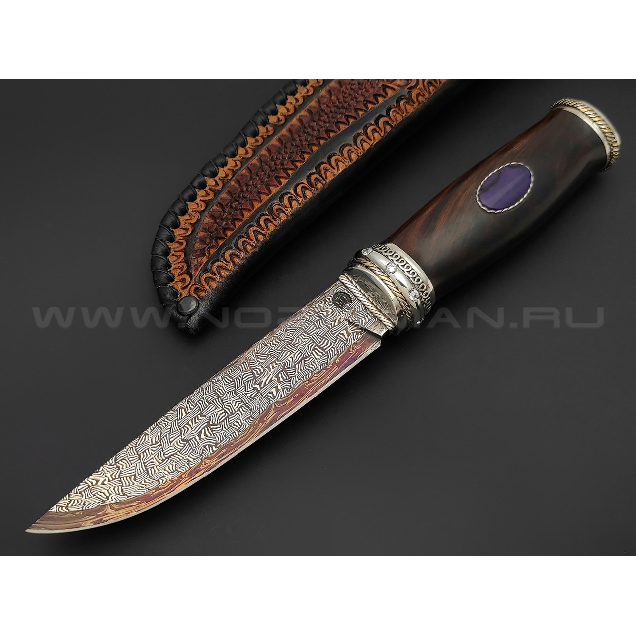 Нож "SHAD07" мозаичный дамаск, рукоять айронвуд, серебро, янтарь, бивень мамонта (Сергей Шадрин)