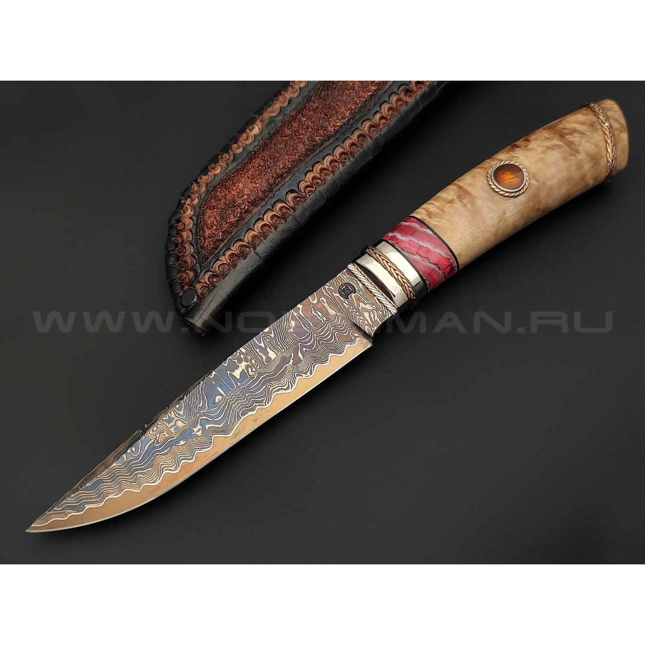 Нож "SHAD03" дамасская сталь, рукоять кап берёзы, зуб мамонта, серебро, янтарь (Сергей Шадрин)