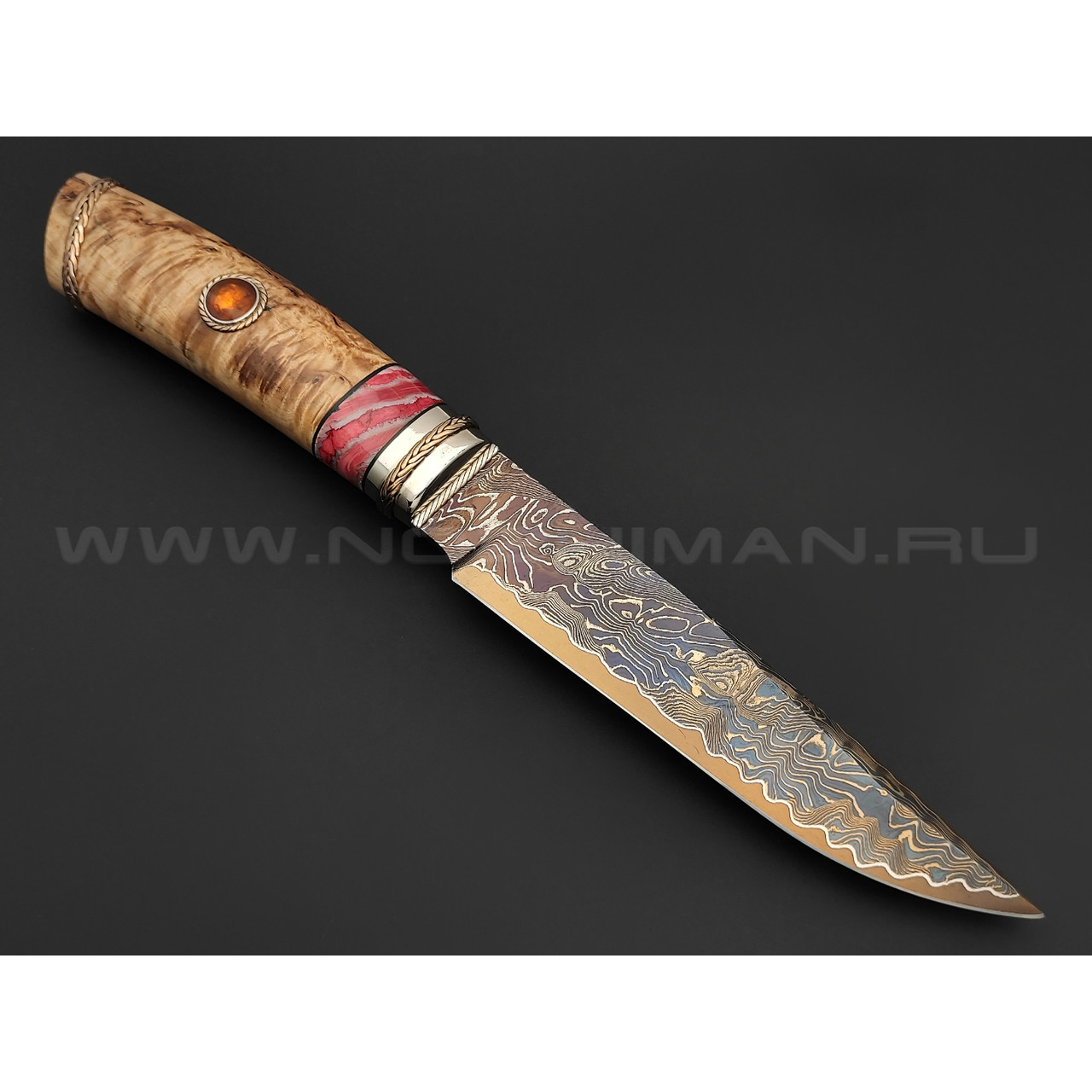 Нож "SHAD03" дамасская сталь, рукоять кап берёзы, зуб мамонта, серебро, янтарь (Сергей Шадрин)