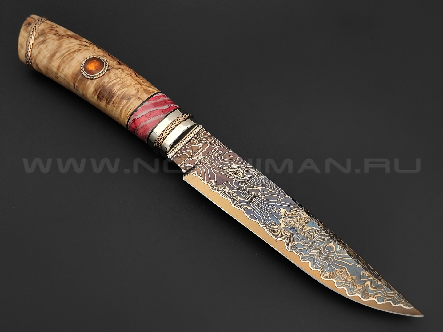 Нож "SHAD03" дамасская сталь, рукоять кап берёзы, зуб мамонта, серебро, янтарь (Сергей Шадрин)