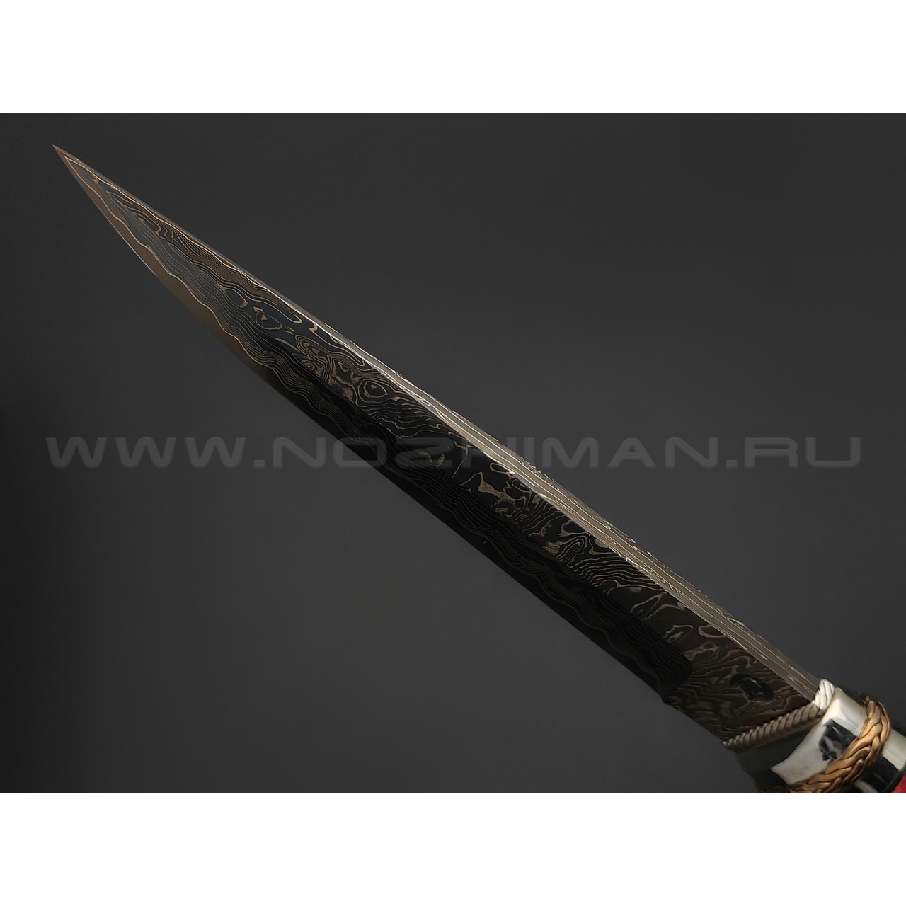 Нож "SHAD03" дамасская сталь, рукоять кап берёзы, зуб мамонта, серебро, янтарь (Сергей Шадрин)