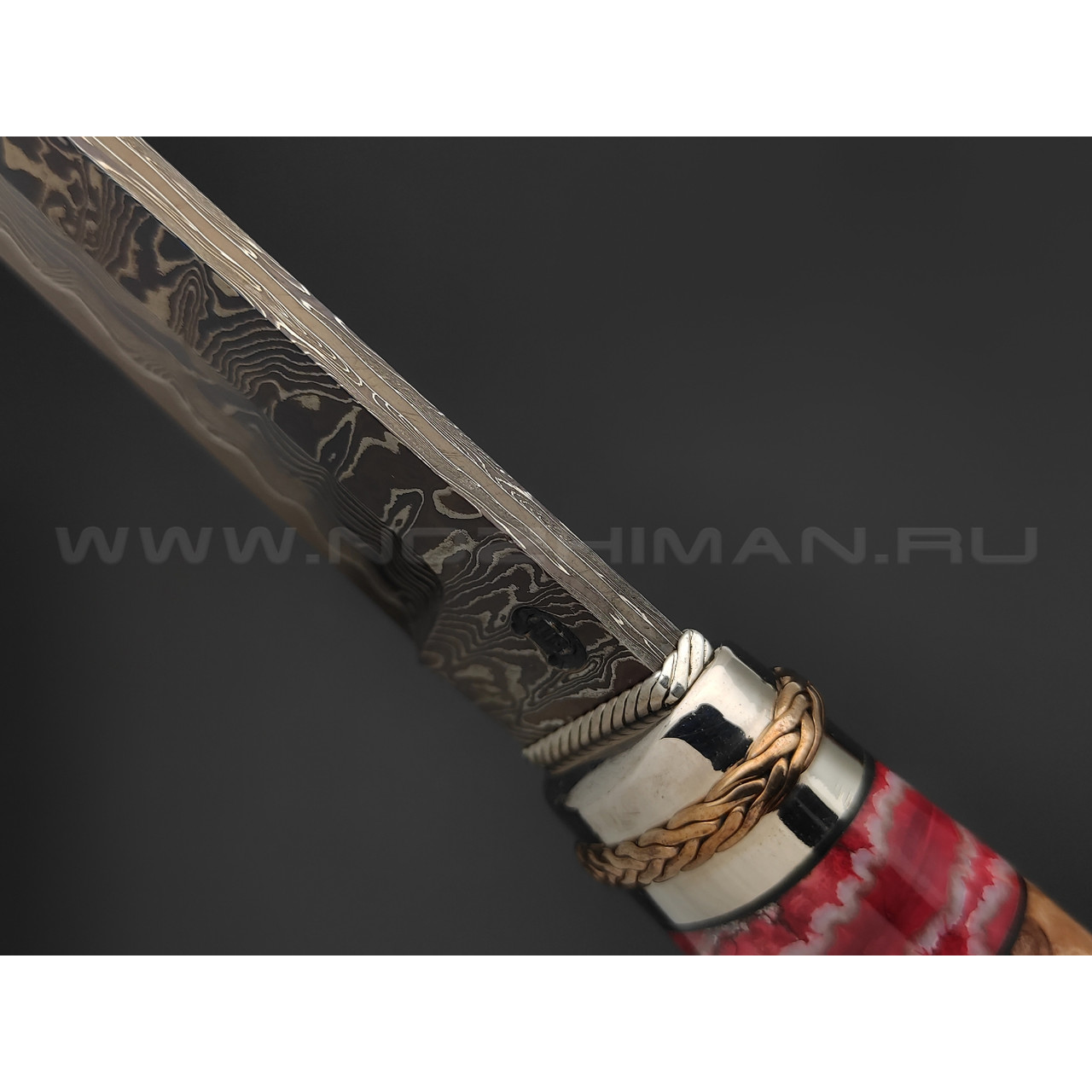 Нож "SHAD03" дамасская сталь, рукоять кап берёзы, зуб мамонта, серебро, янтарь (Сергей Шадрин)