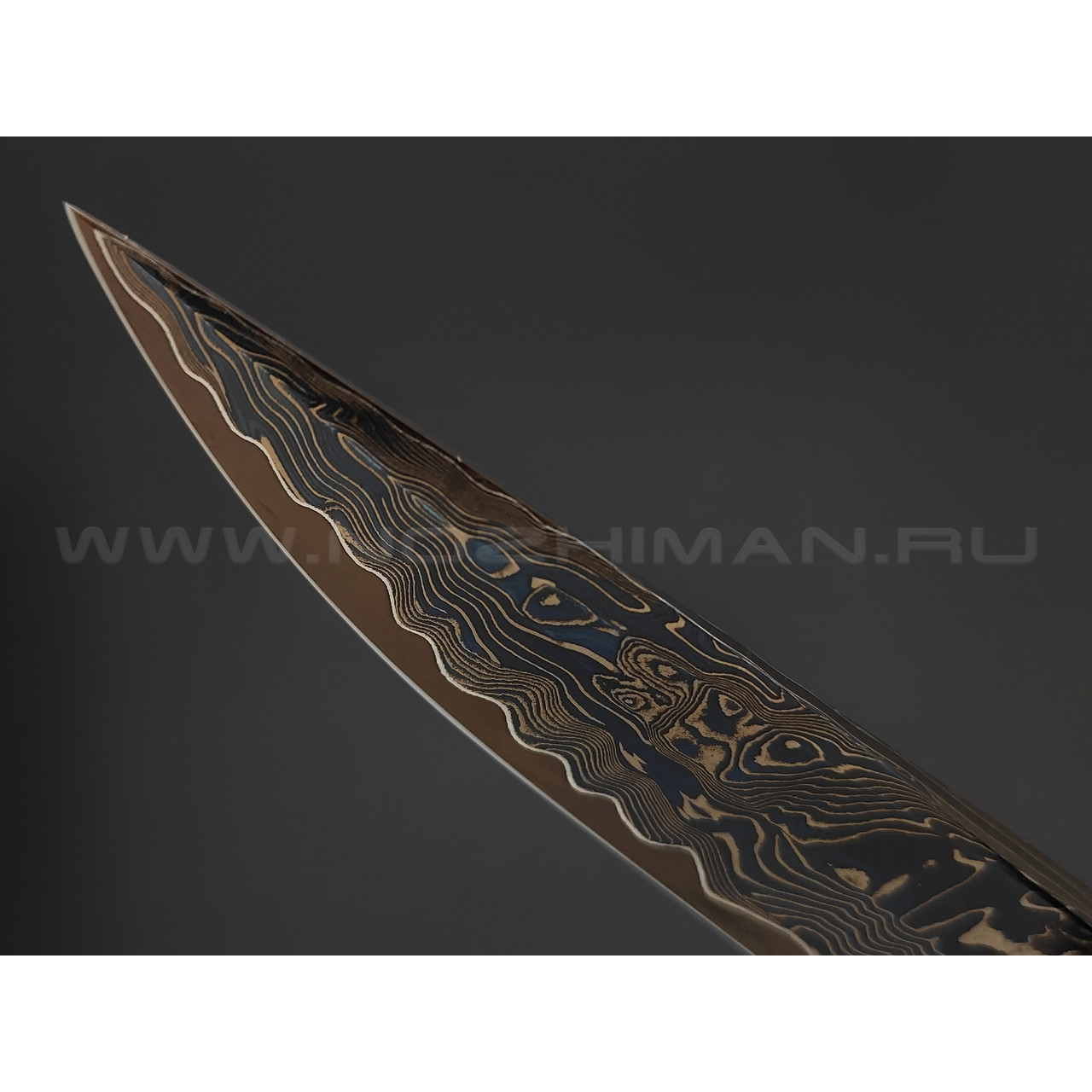 Нож "SHAD03" дамасская сталь, рукоять кап берёзы, зуб мамонта, серебро, янтарь (Сергей Шадрин)