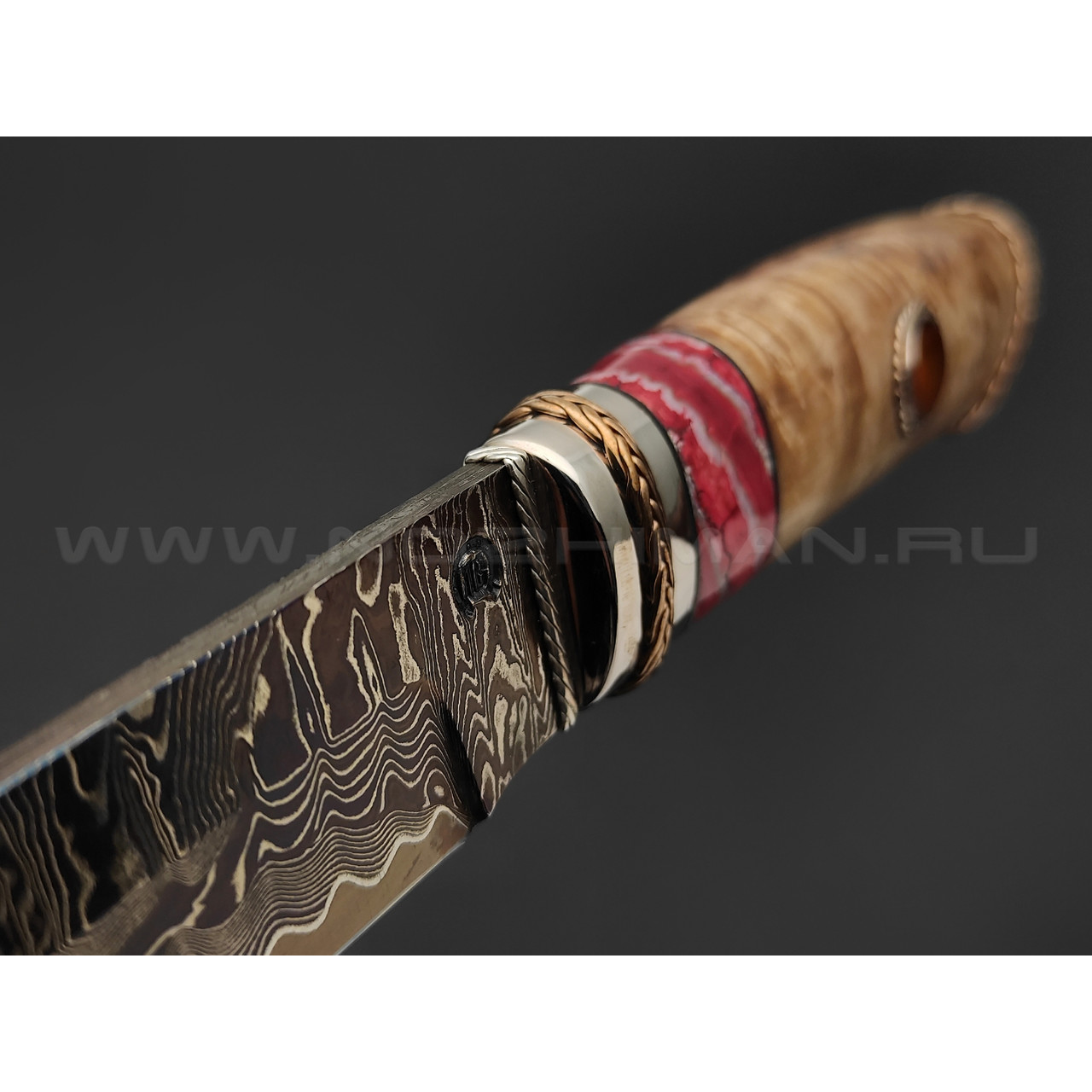 Нож "SHAD03" дамасская сталь, рукоять кап берёзы, зуб мамонта, серебро, янтарь (Сергей Шадрин)