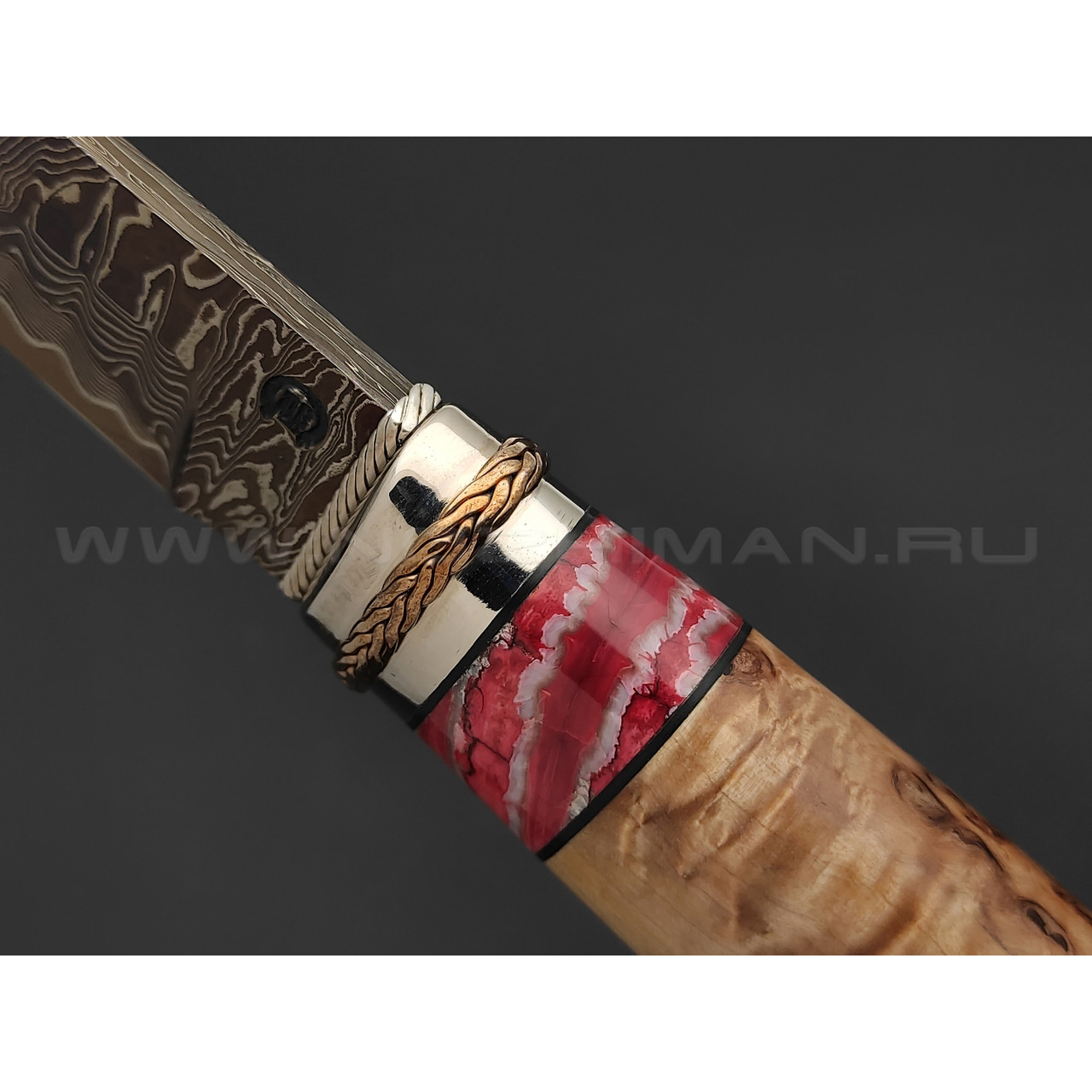 Нож "SHAD03" дамасская сталь, рукоять кап берёзы, зуб мамонта, серебро, янтарь (Сергей Шадрин)