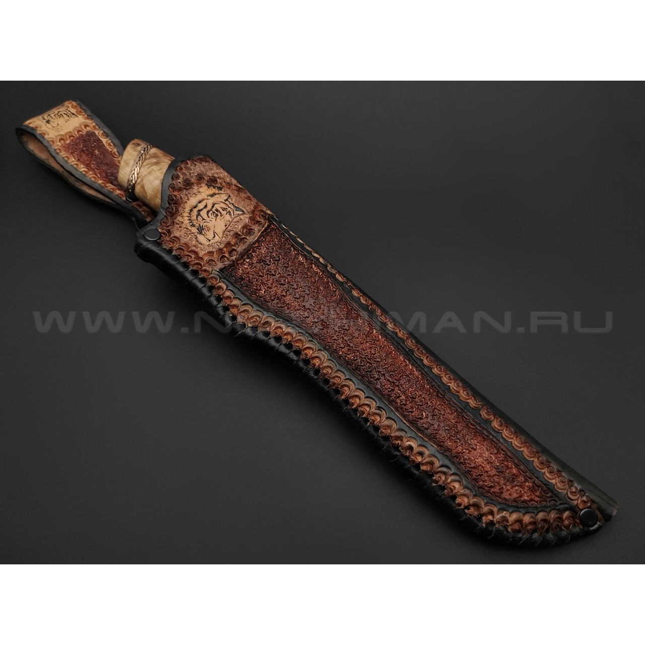 Нож "SHAD03" дамасская сталь, рукоять кап берёзы, зуб мамонта, серебро, янтарь (Сергей Шадрин)