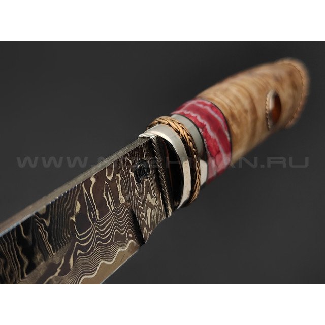 Нож "SHAD03" дамасская сталь, рукоять кап берёзы, зуб мамонта, серебро, янтарь (Сергей Шадрин)