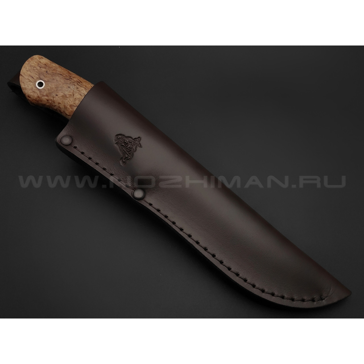 Кметь нож Панцуй сталь Erasteel EM2, рукоять Карельская береза, мельхиор