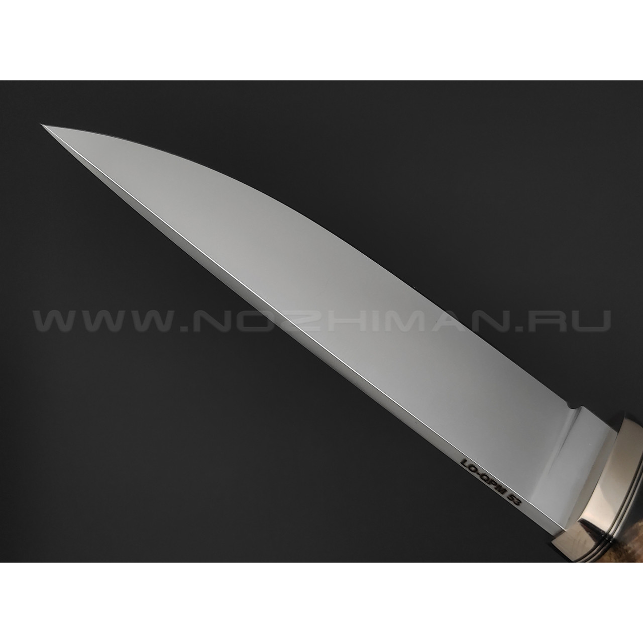 Кметь нож Панцуй сталь LO-QPM53, рукоять Карельская береза, мельхиор